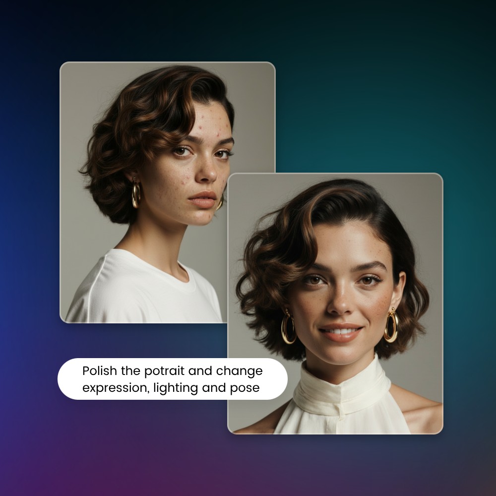 Retouche portrait with Kling O1 featuring changing expression nad removing imperfection