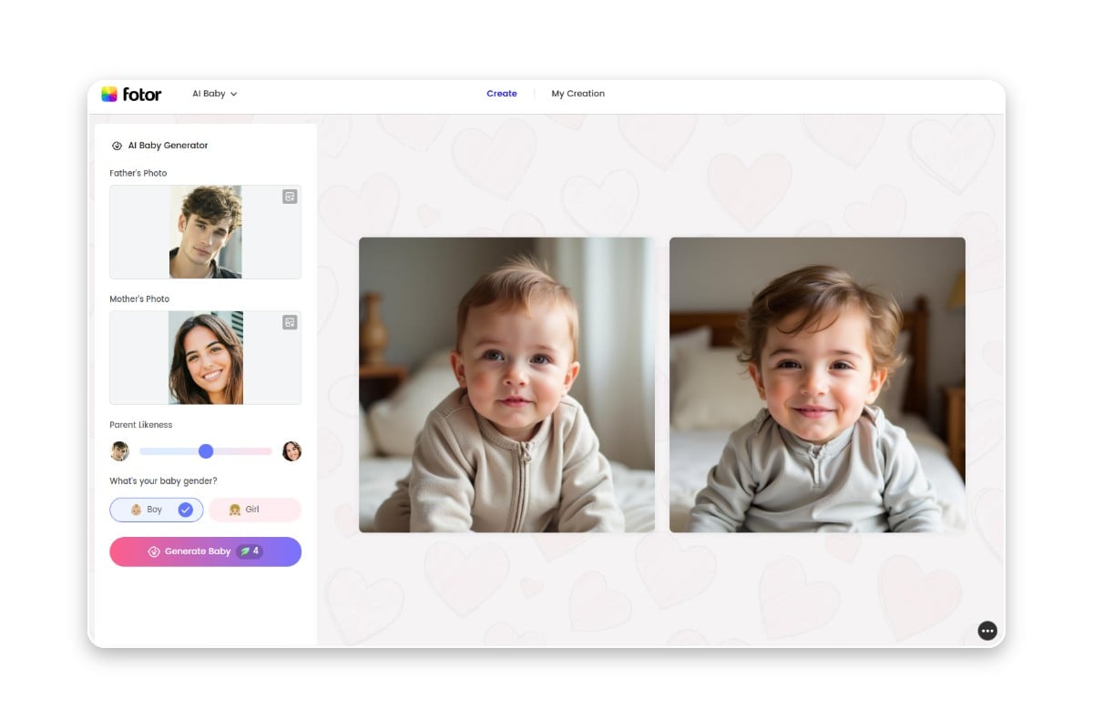 Screenshot showing how to generate a baby face with Fotor