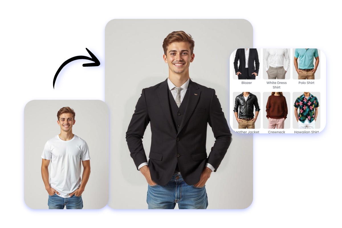 Select a suit template to change the white shirt in the photo of a man to a suit