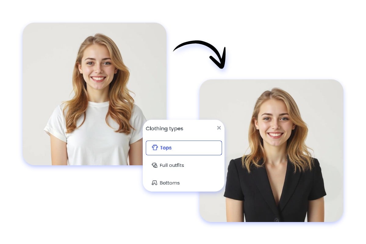Select different parts and add a suit to the upper body of a woman wearing a white shirt in the photo