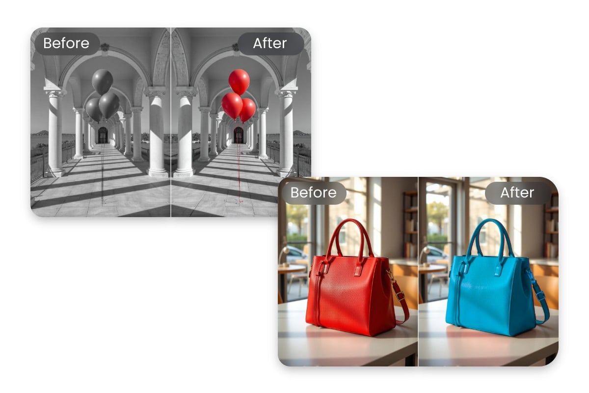 Selective image colorization featuring replacing colors of balloons and a bag