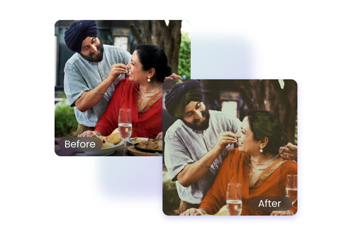 Sepia filter before and after comparison for a man and a woman