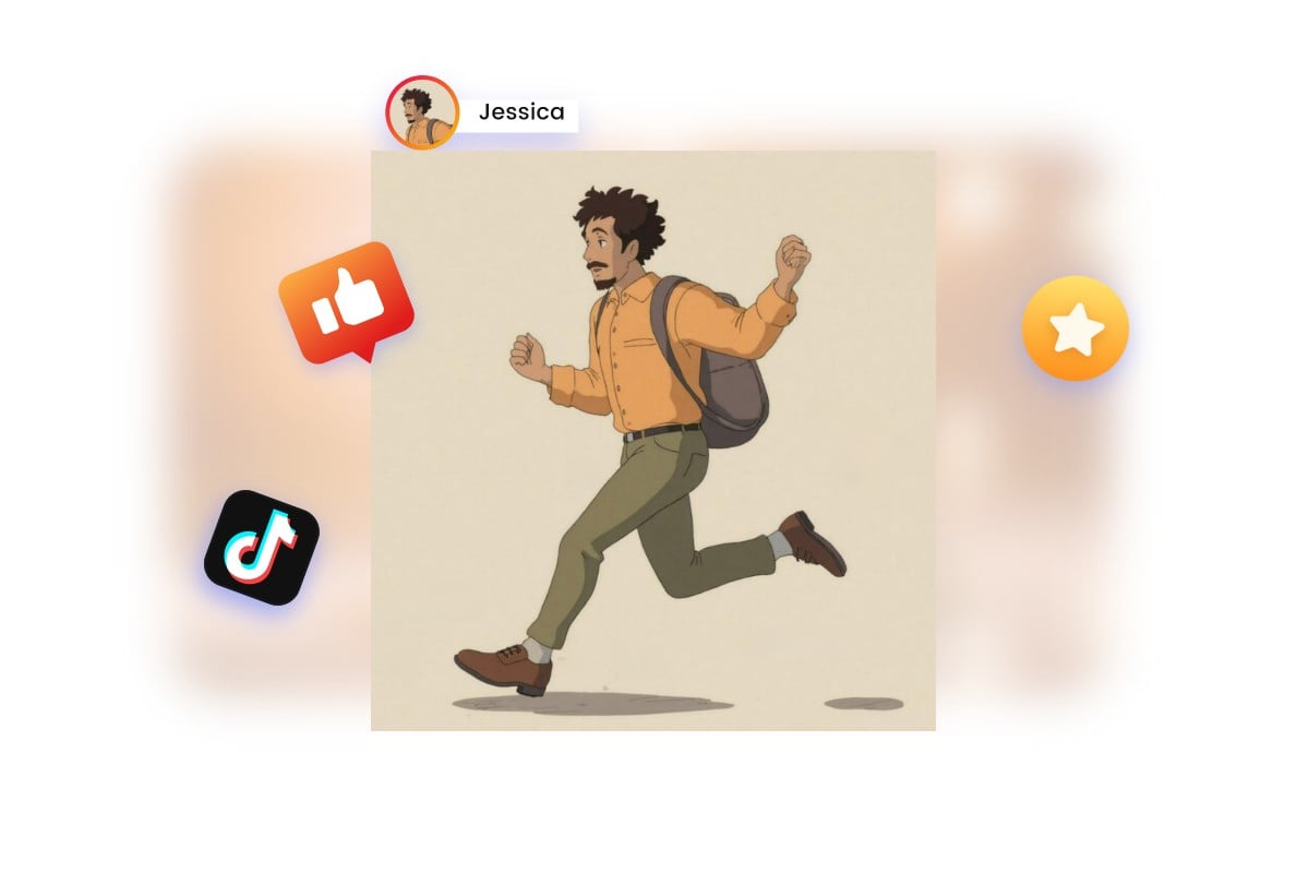 Share AI generated Ghibli style meme featuring a running man on social media
