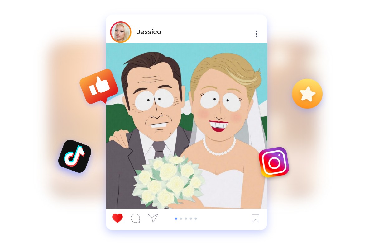 Share AI generated South Park style image featuring a couple on social media