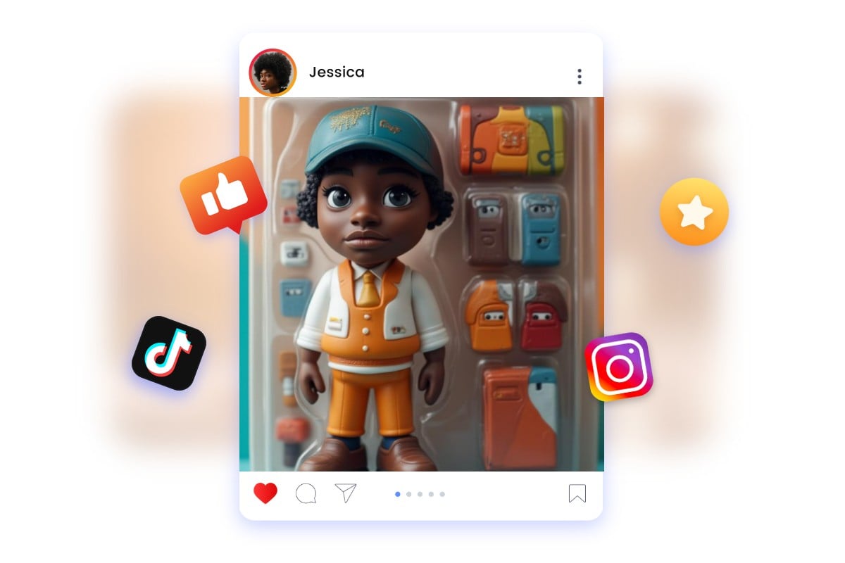 Teilen Sie die von KI generierten Actionfiguren-Bilder in sozialen Medien