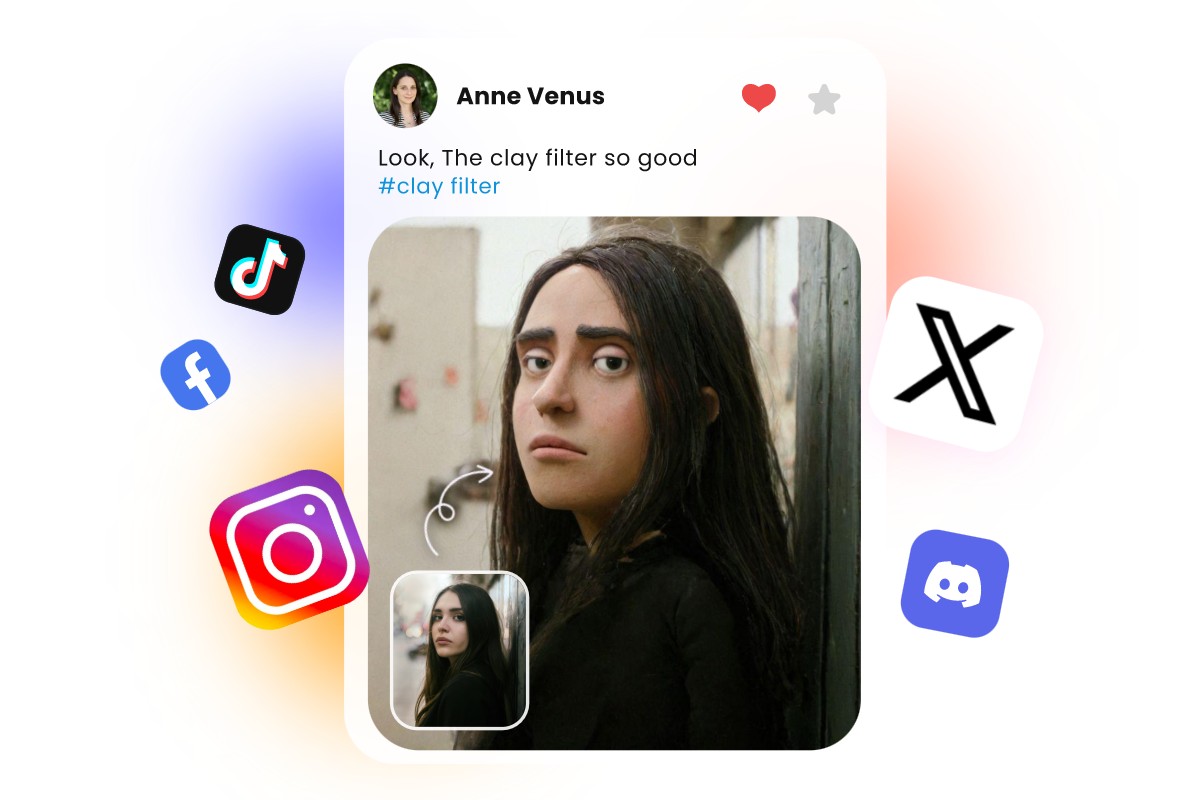 SNSで女性の粘土加工された写真をシェアする