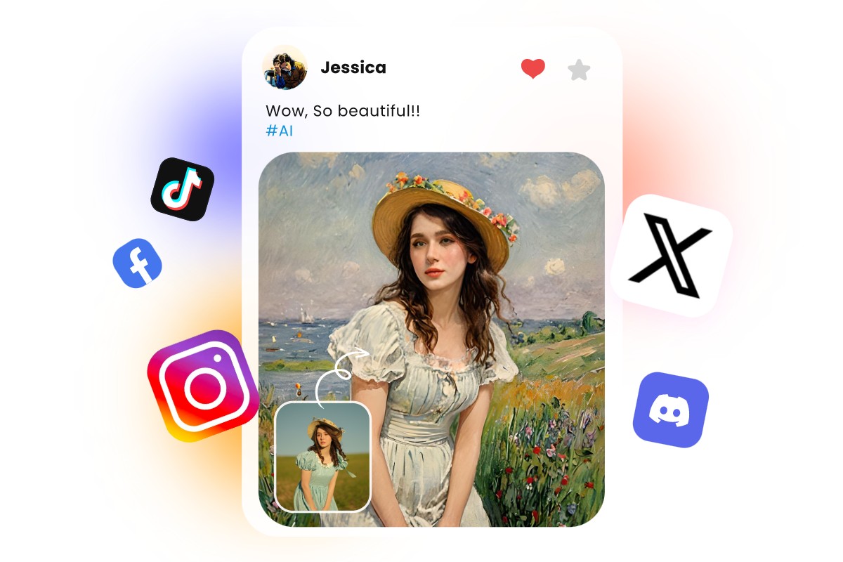 Share monet style female portrait on social media