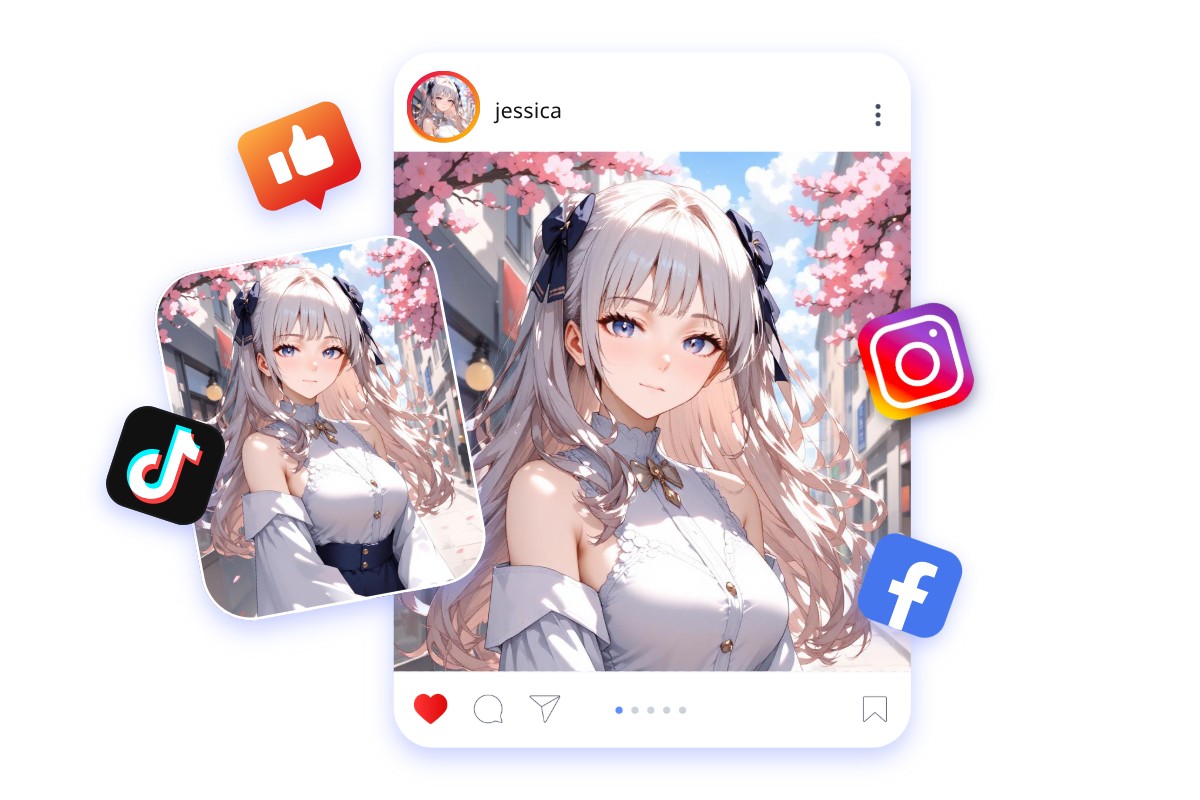 Share your generated beautiful anime character image on instagram tiktok and facebook