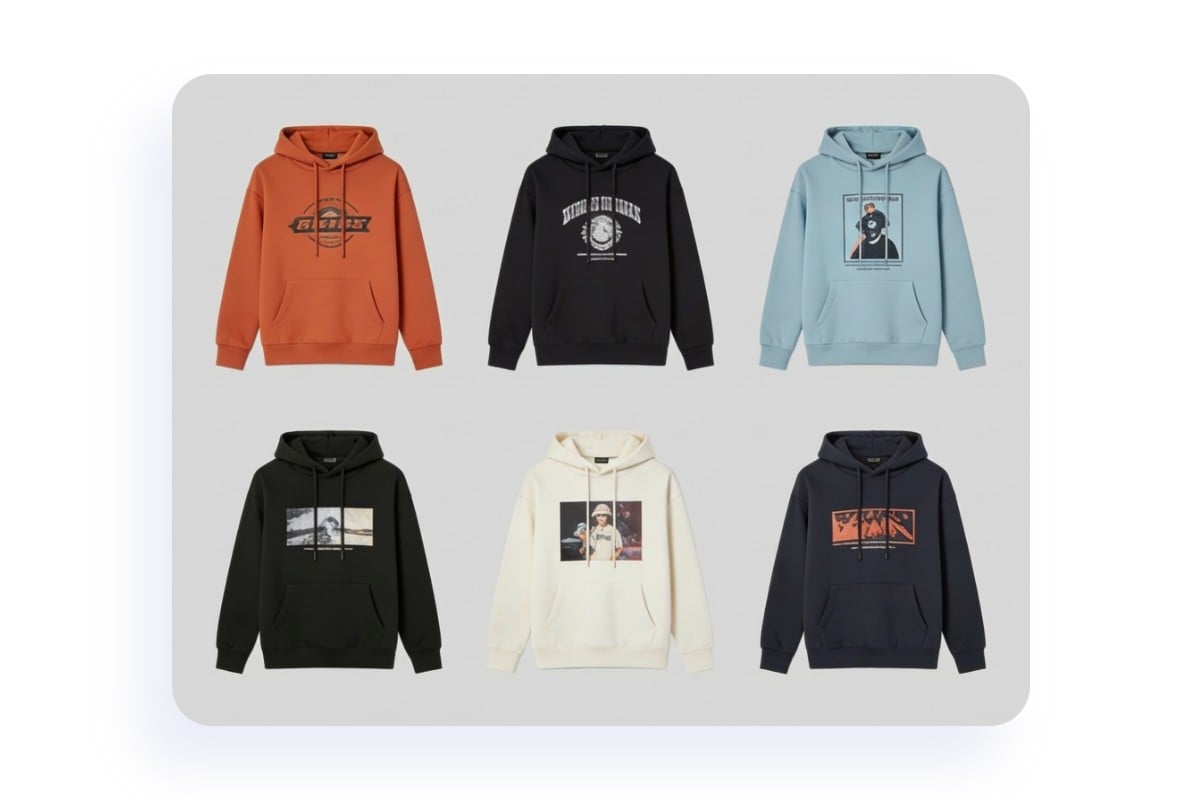 Verschiedene Hoodie mit bunten Farben und Logos ausprobieren