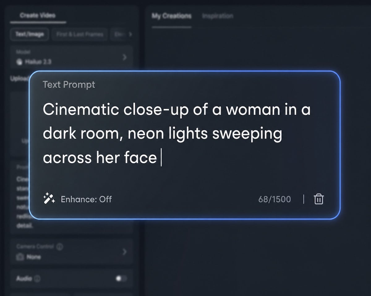 Step 1 enter a prompt description for a dynamic portrait video of a woman in fotor hailuo ai video generator
