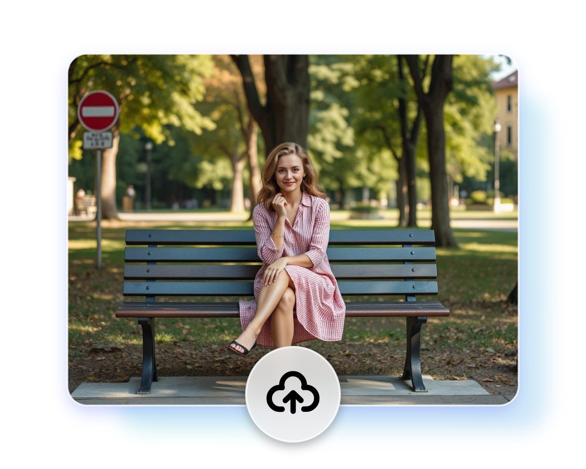 Step 1 upload a picture featuring a woman sitting on a park bench