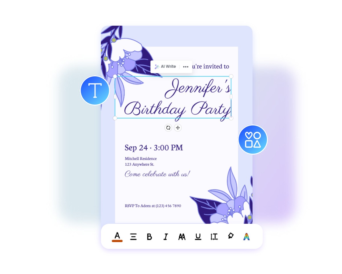 Step 2 edit text and add elements like stickers and effects to an invitation card
