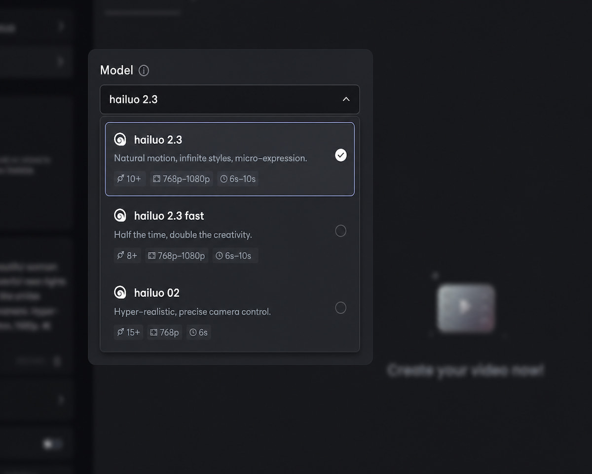 Step 2 select hailuo 2 3 from a range of hailuo ai video models