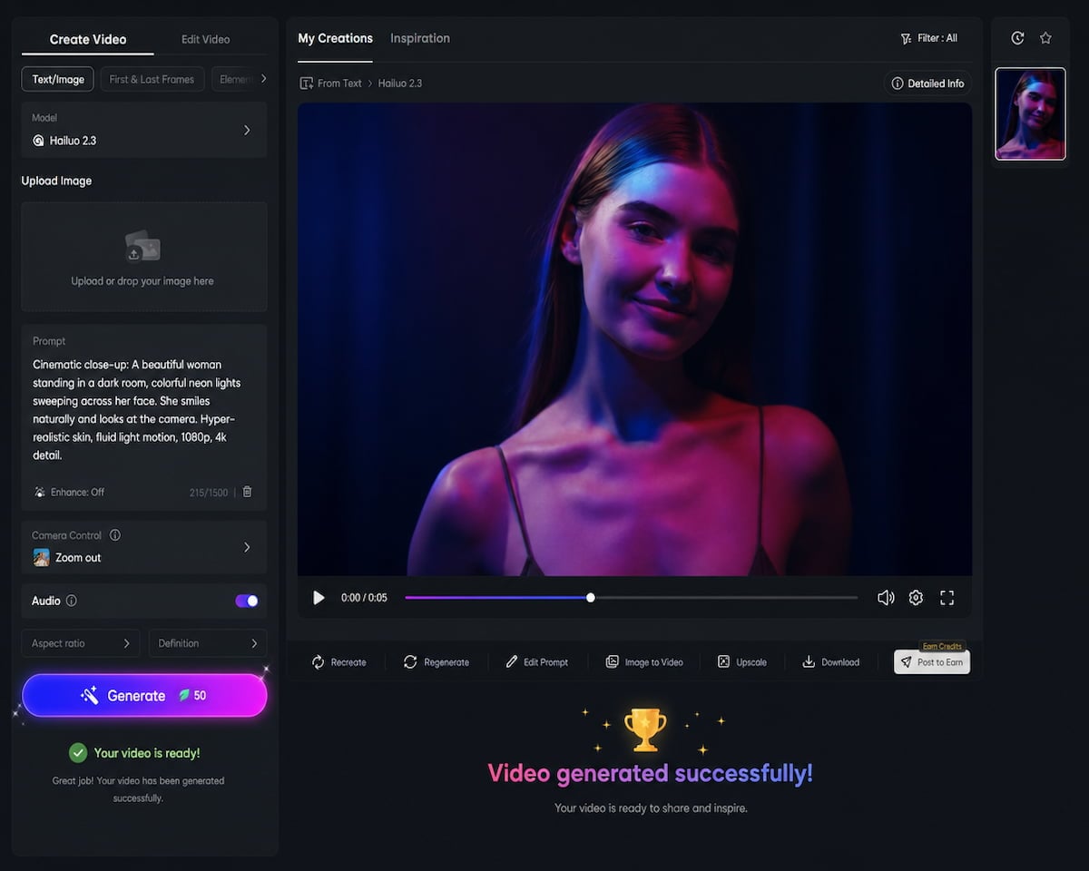 Step 4 generate and download the dynamic video of the woman generated by hailuo ai