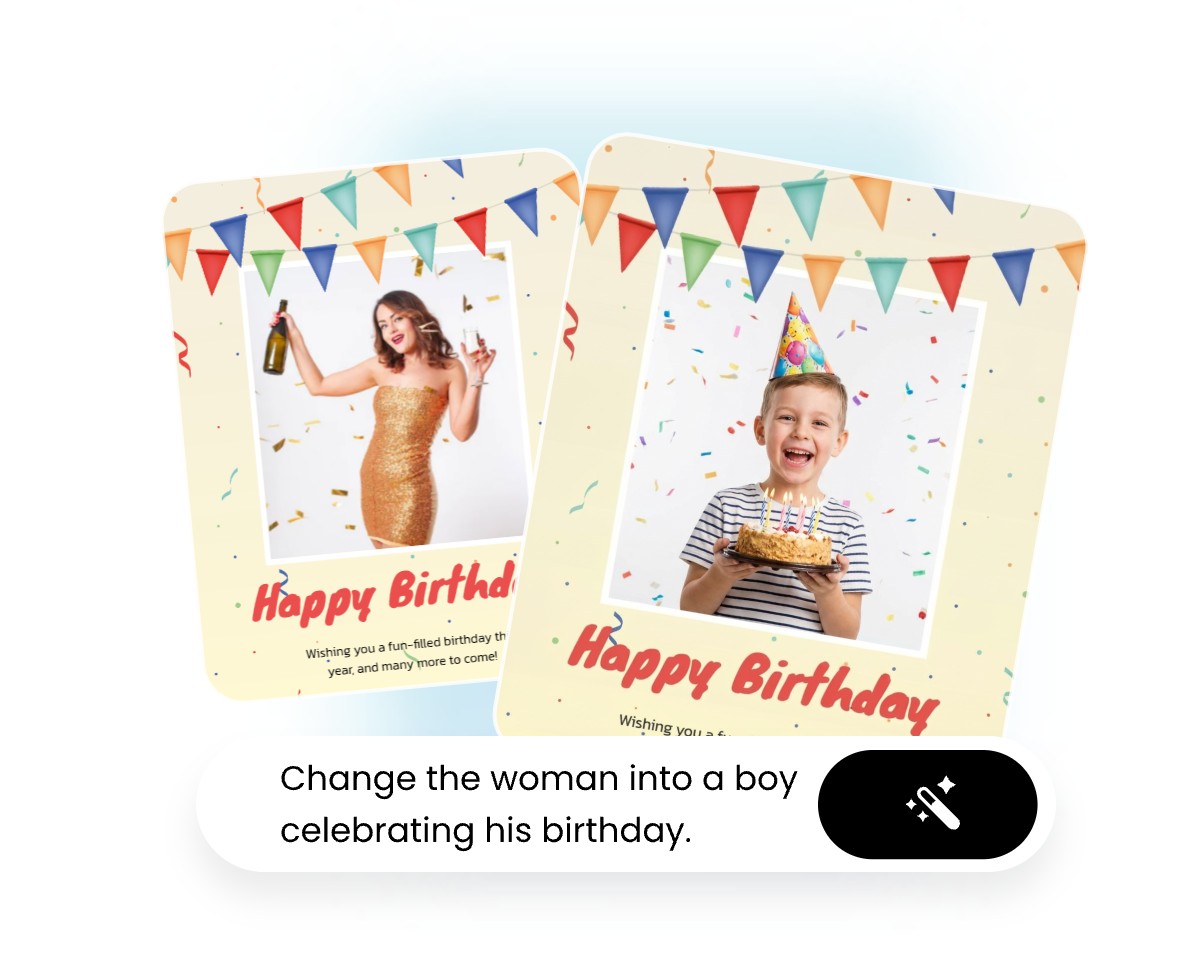 Step three use text prompt to change the woman on the birthday card into a boy