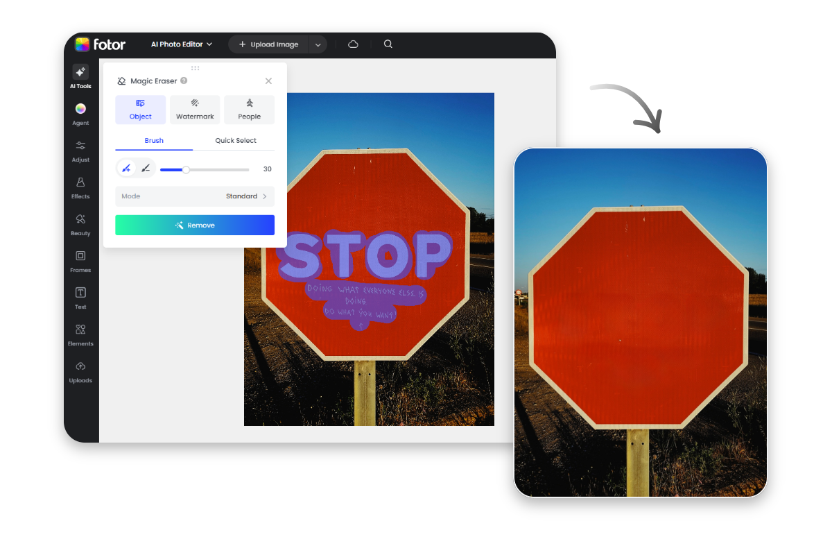 Steps to remove text from image featuring before and after comparison for erasing text from a board naturally