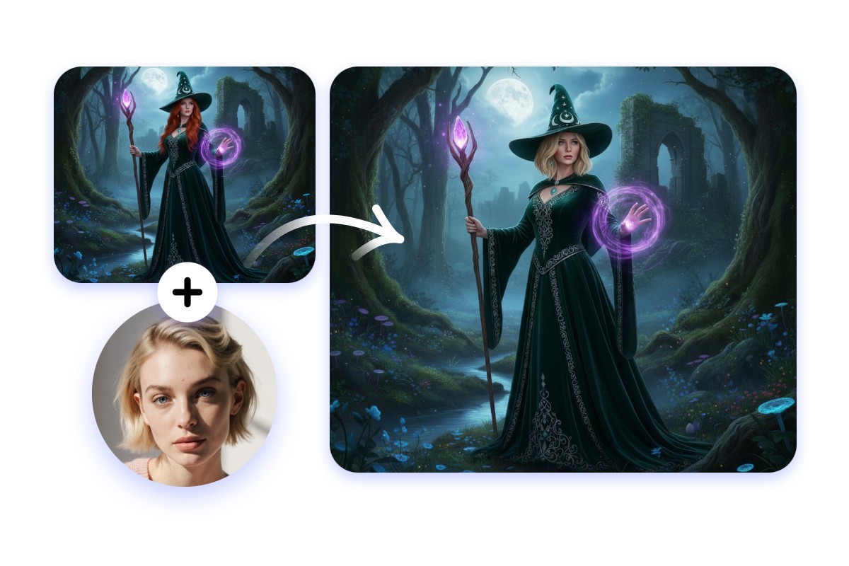 Swap face of a woman with a witch visual