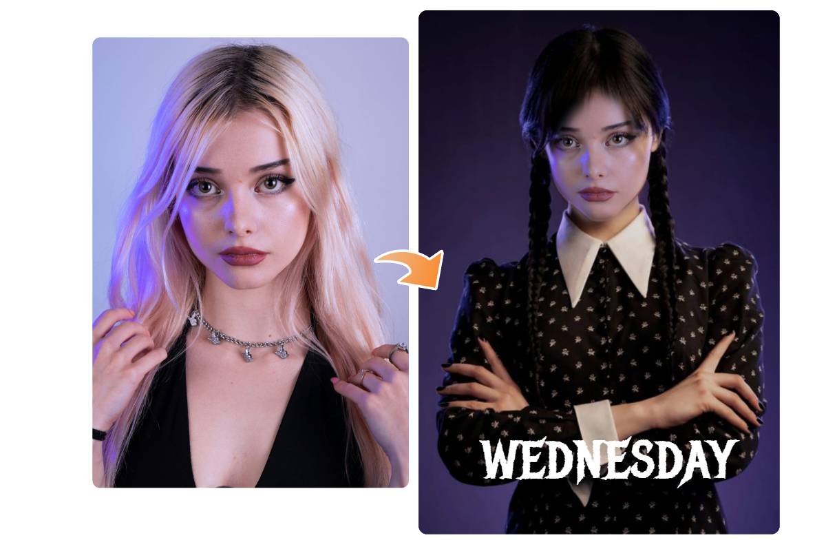 Swap female face with Wednesday Addams in fotor