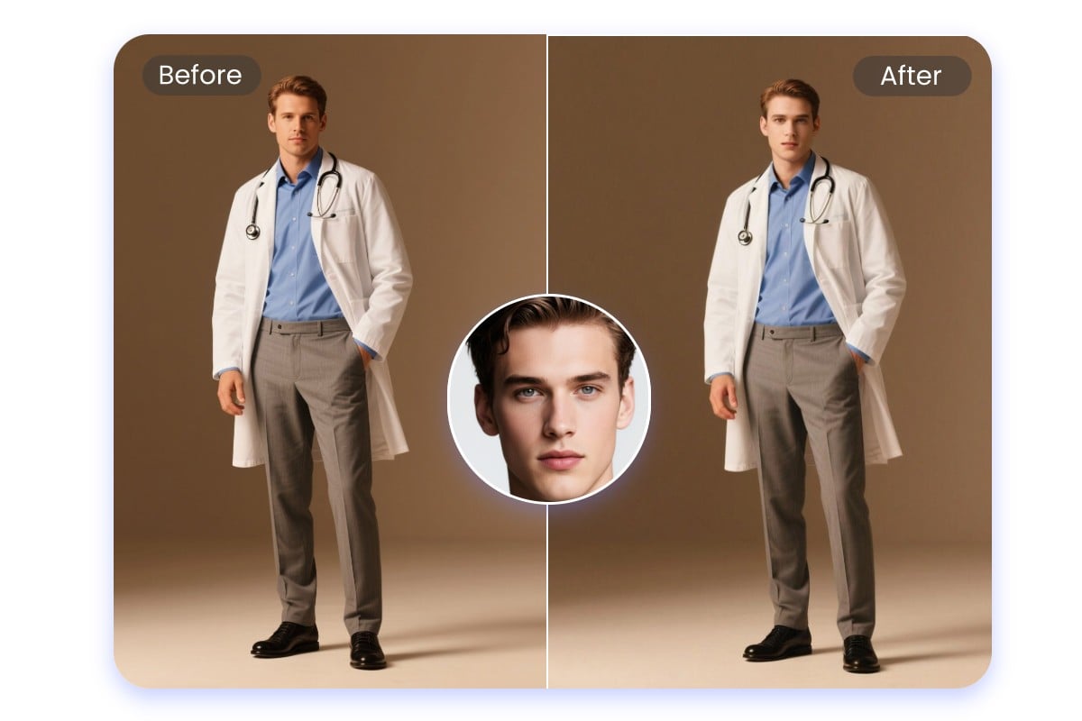 Swap the face of a guy with a full body photo of a doctor
