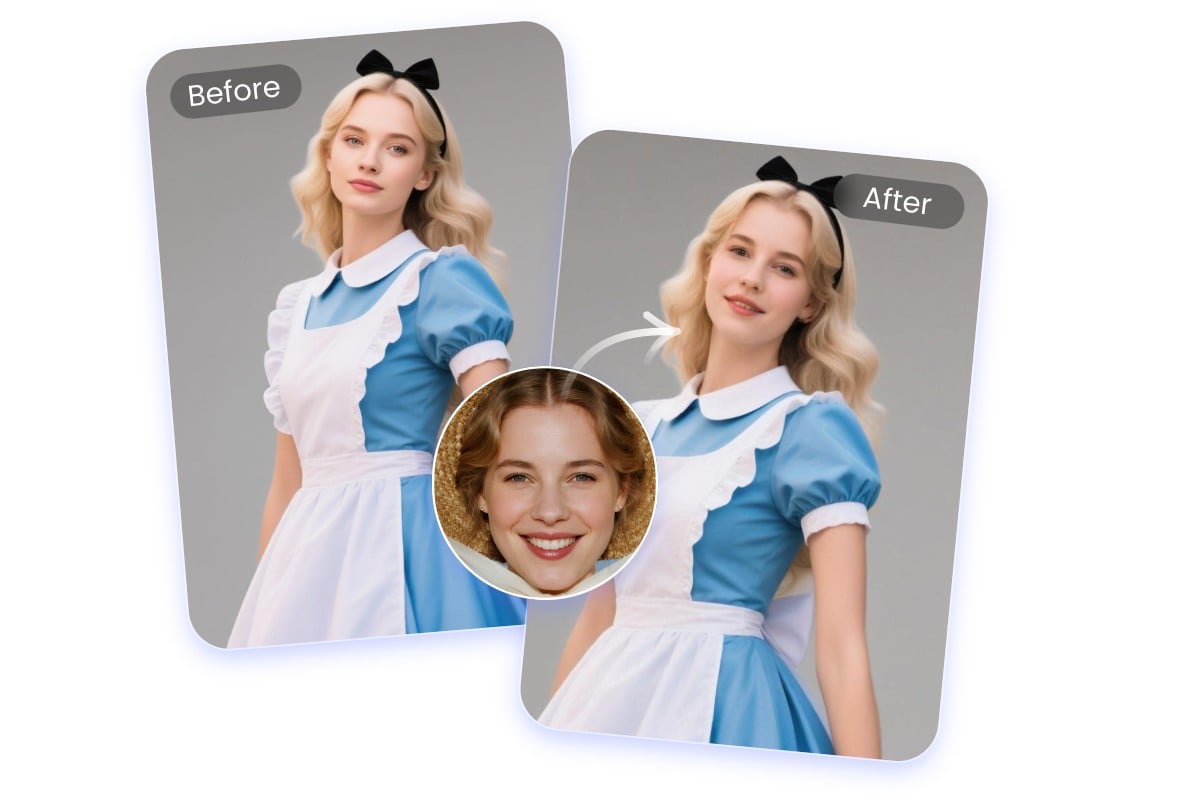 Swap the face of a lady with curly hair with a photo of a alice cosplayer