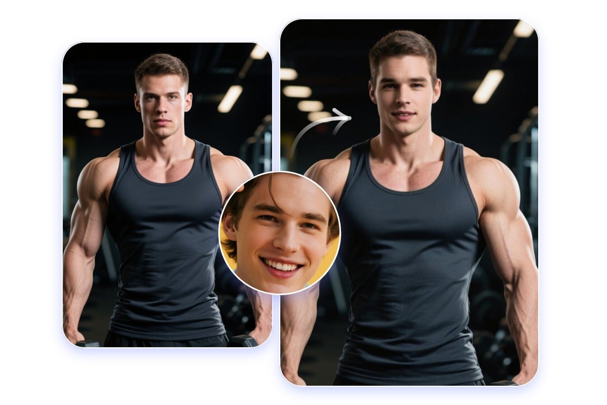 Swap the face of a man with a muscle man to see fitness transformation result