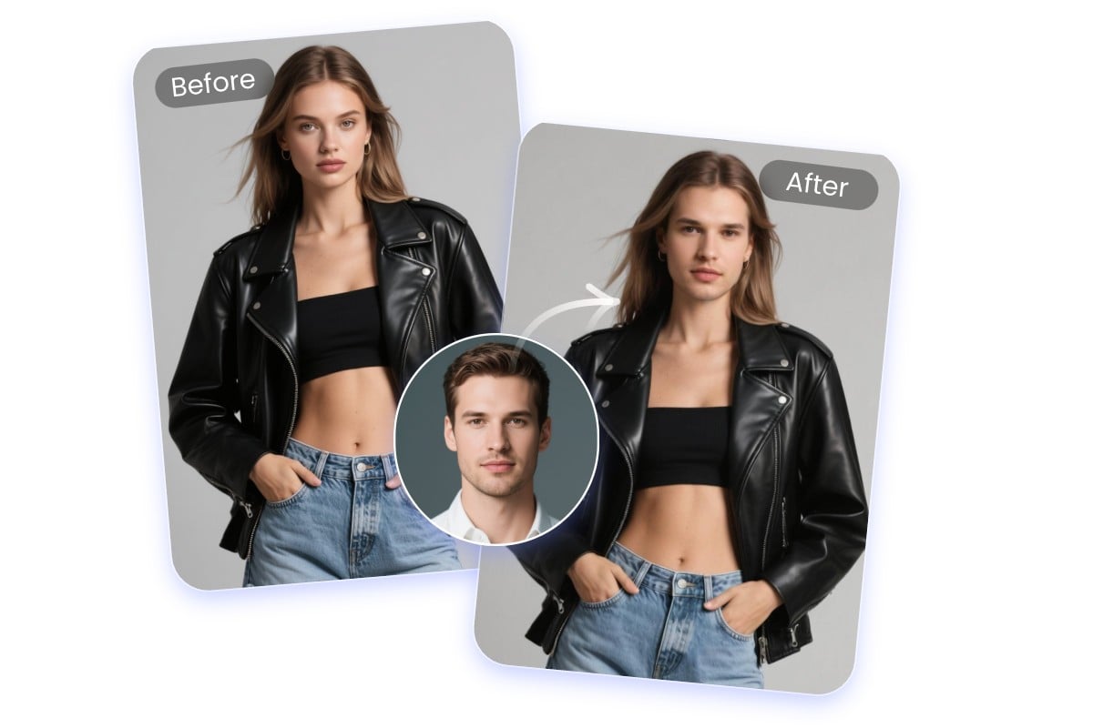 Swap the face of a man with a photo of a cool lady for gender swap purpose