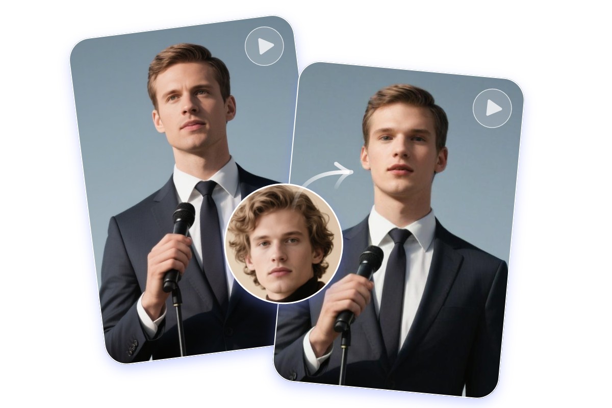Swap the face of boy with curly hair with a man in suit in a video