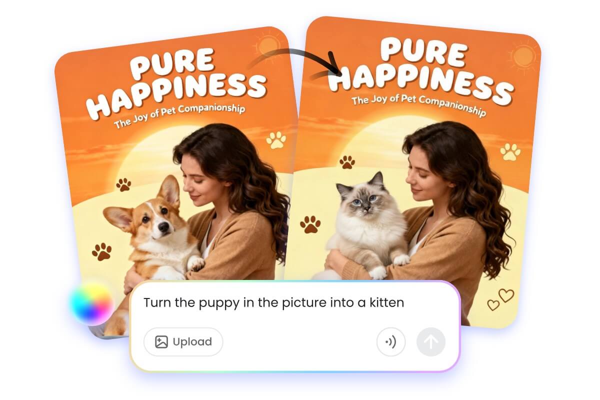 Talk to fotor ai agent to change a puppy in a poster to a kitten