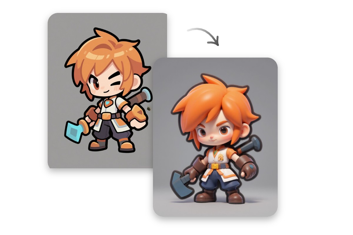 Vorher und Nachher-Effekt eines Spielcharakters mit dem KI-2D-zu-3D-Konverter von Fotor