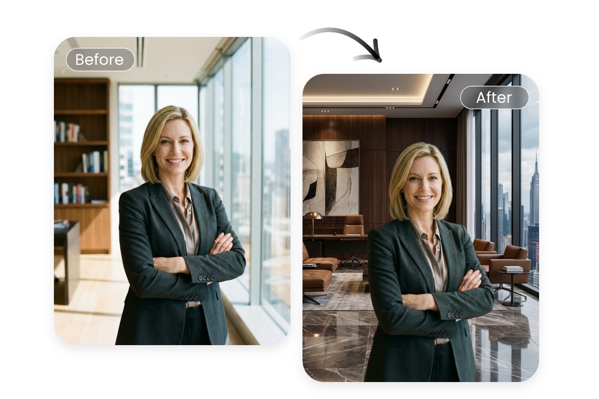 The before and after effect of using fotors ai background generator to create a background for professional headshot