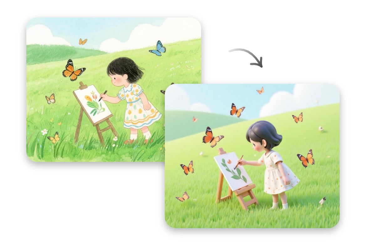 Vorher und Nachher-Effekt eines Mädchens mit dem KI-2D-zu-3D-Konverter von Fotor