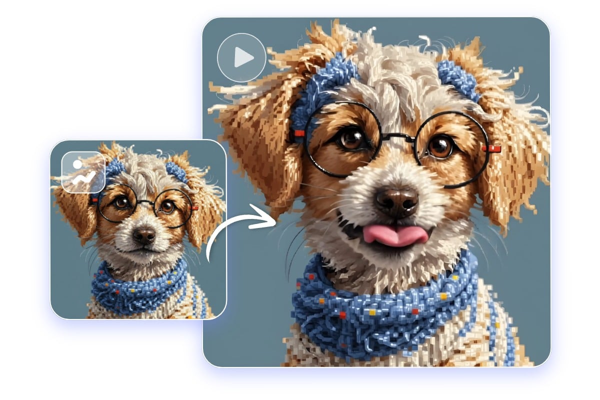 The picture of a cute dog converted into the pixel art style