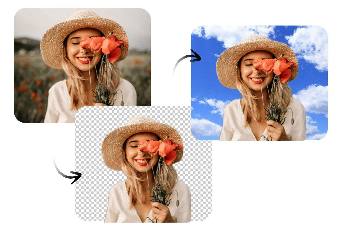 the process of replacing sky of a female picture with fotors ai sky replacer
