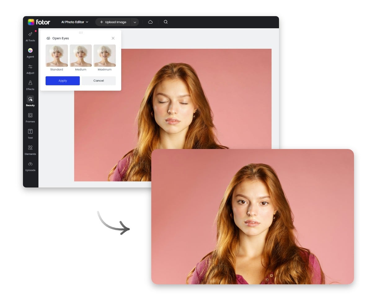 Interface utilisateur de l’outil en ligne de Fotor pour ouvrir les yeux sur une photo