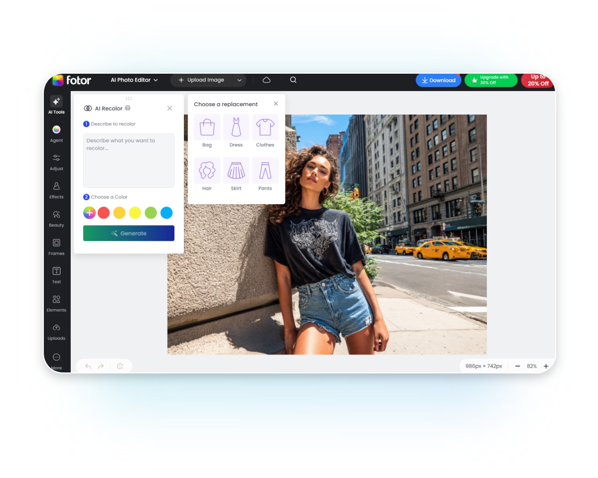 Fotors AI服の色変更ツールのユーザーインターフェース