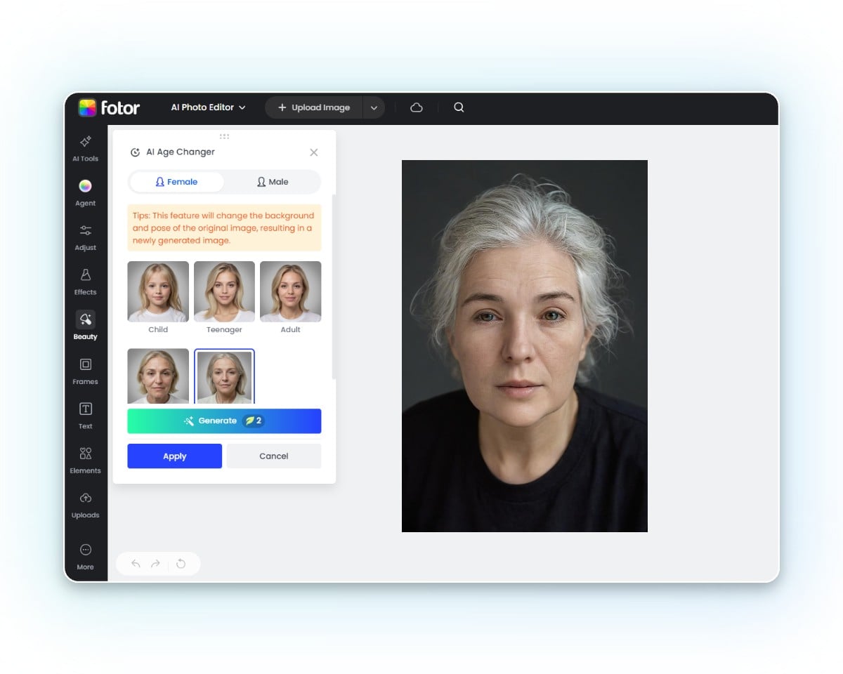 The user interface of fotors ai age progression generator