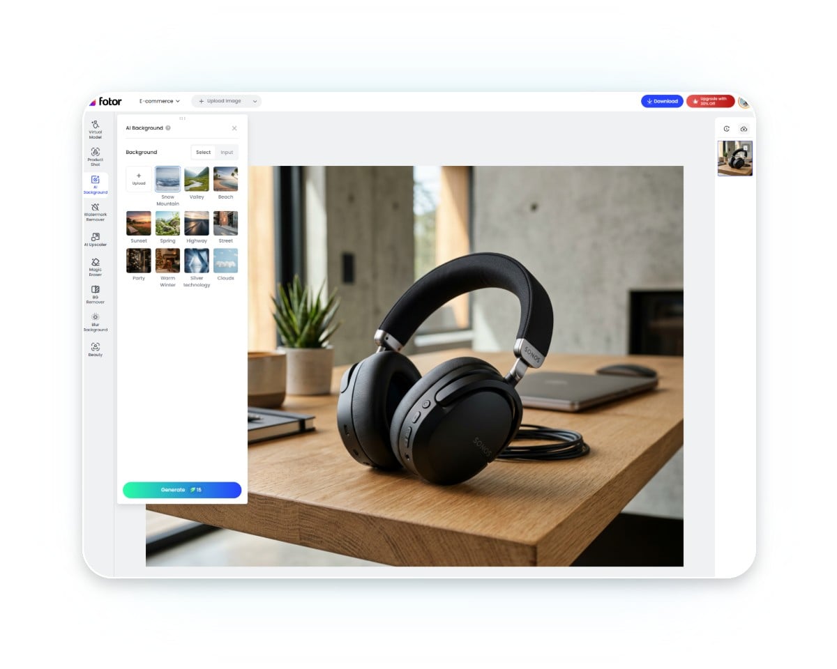 The user interface of fotors ai background generator