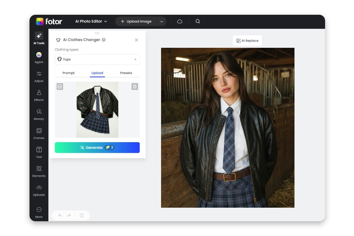The user interface of fotors ai clothes changer that swap clothes by uploading outfit photos