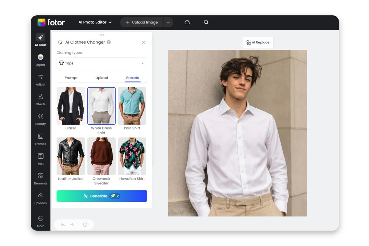 The user interface of fotors ai clothes changer that swap clothes by using presets