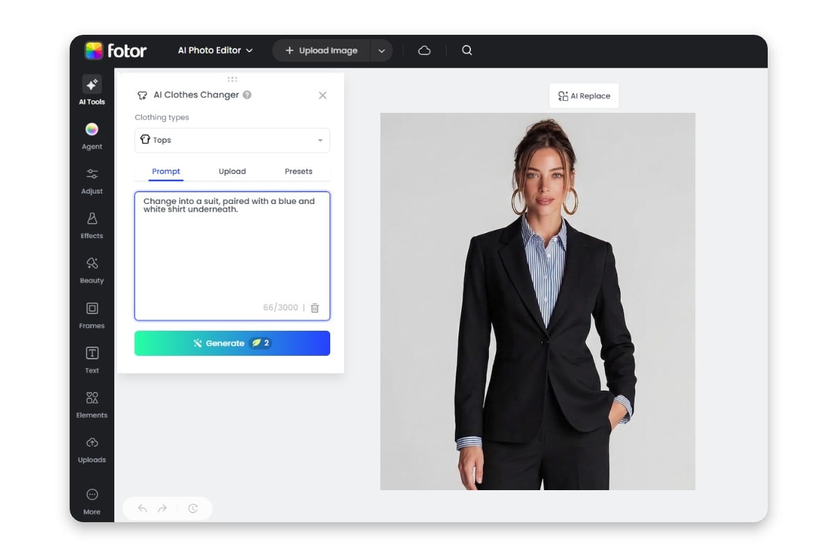 The user interface of fotors ai clothes changer that swap clothes by writing prompts