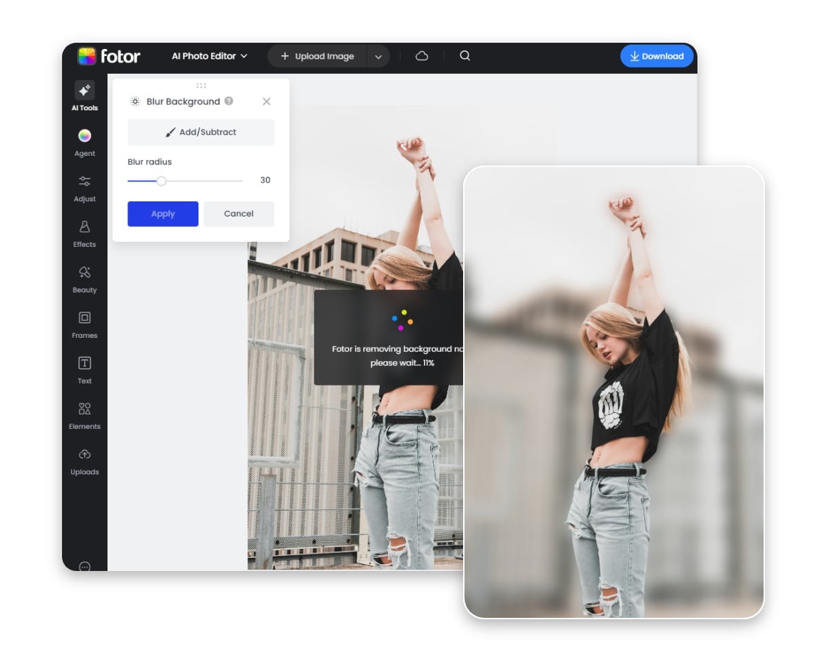 The user interface of fotors blur photo editor
