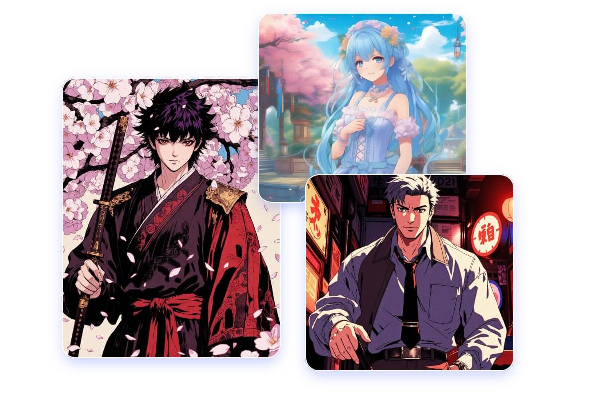 Three anime character images with different genders and styles