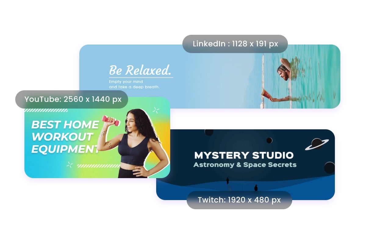 Three banner templates of fotor with their respective dimensions beside them