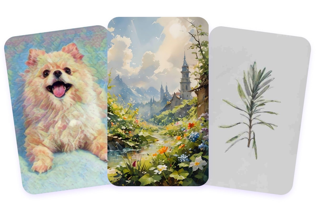 Three different watercolor effects on animal landscape and still life photos
