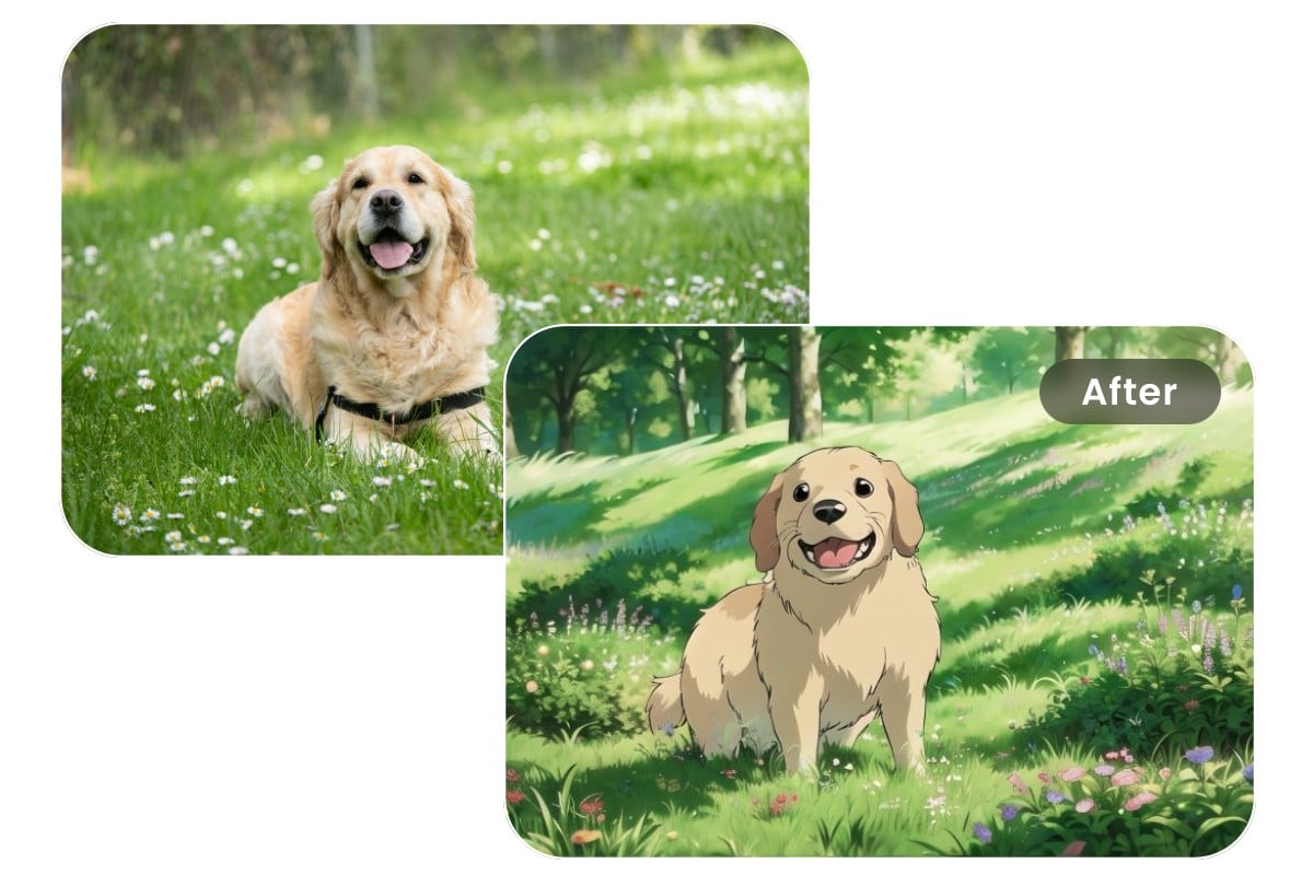 Fotorのジブリフィルターで犬の写真にジブリ風フィルターを適用します