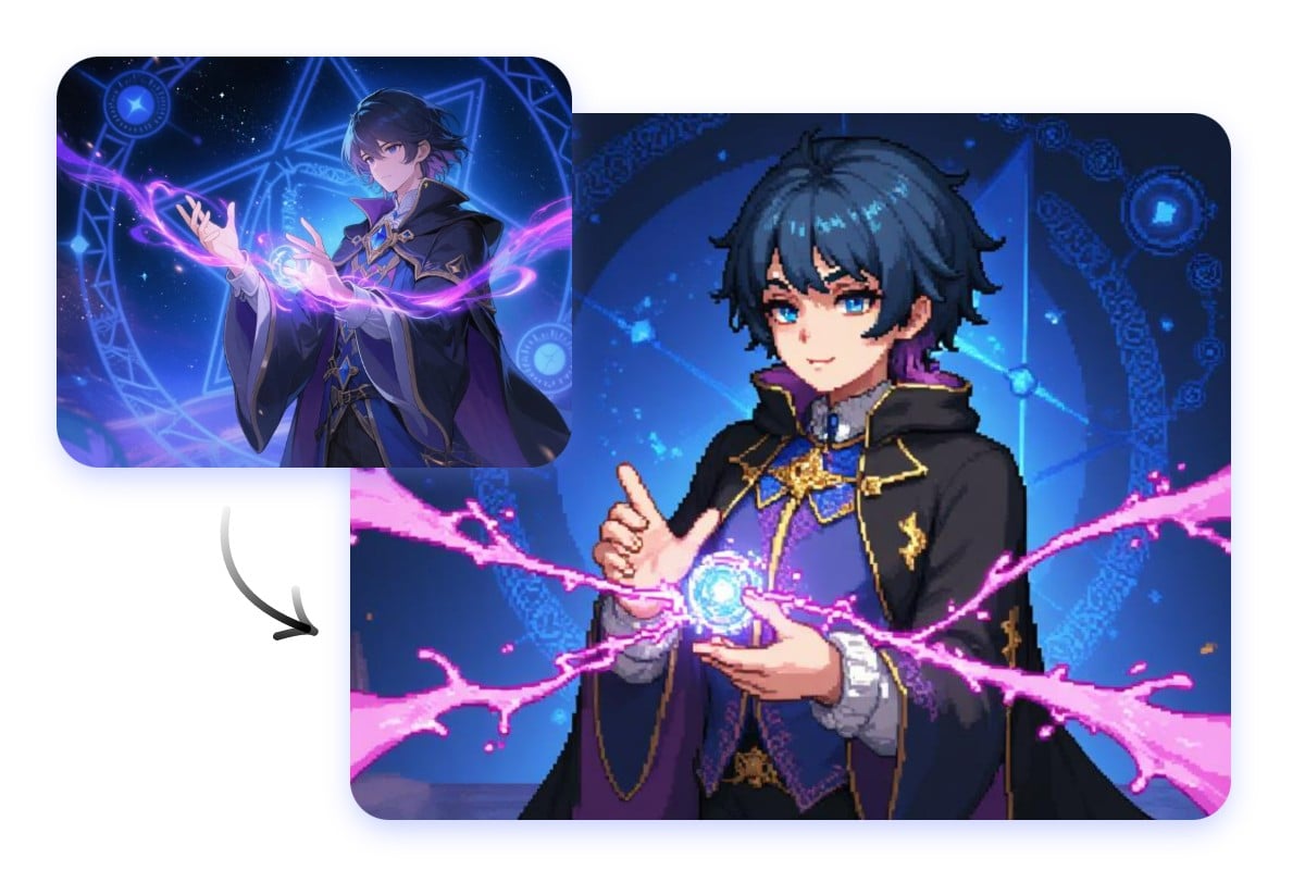 Transform an illustration of a wizard into a pixel sprite