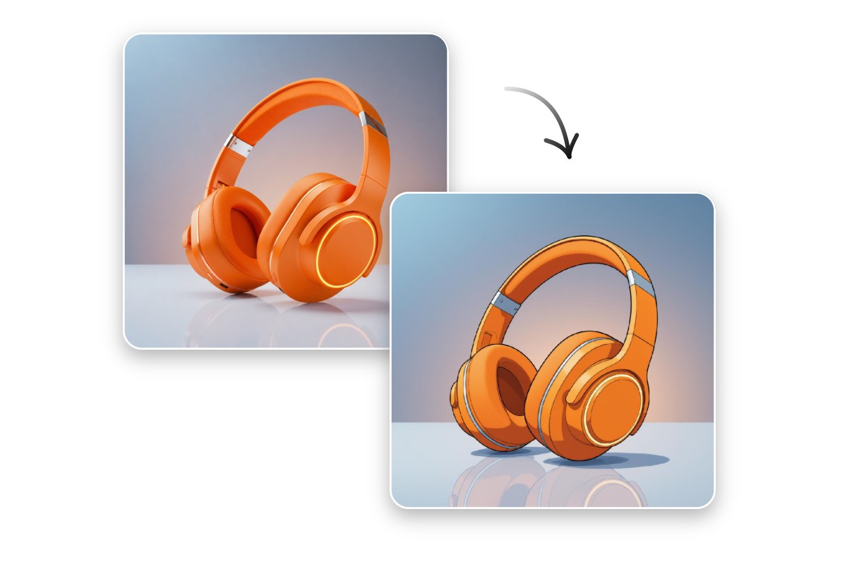 Transform an orange headphone product image into a cartoon style