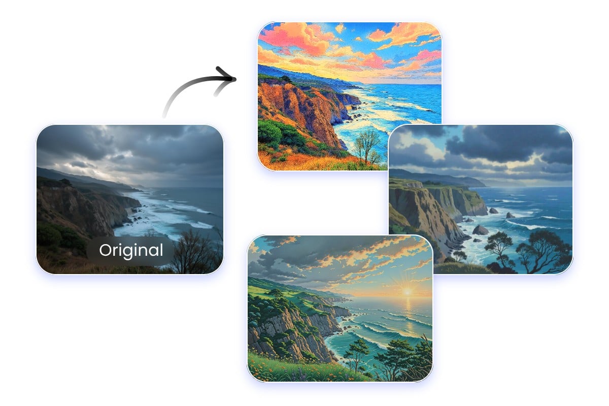 Transform landscape into three different cartoon styles