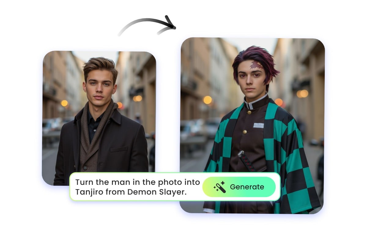 Aus einem Porträt eines Mannes mit kurzen Haaren und formellem Anzug wird mit dem Prompt die Figur aus Demon Slayer erstellt
