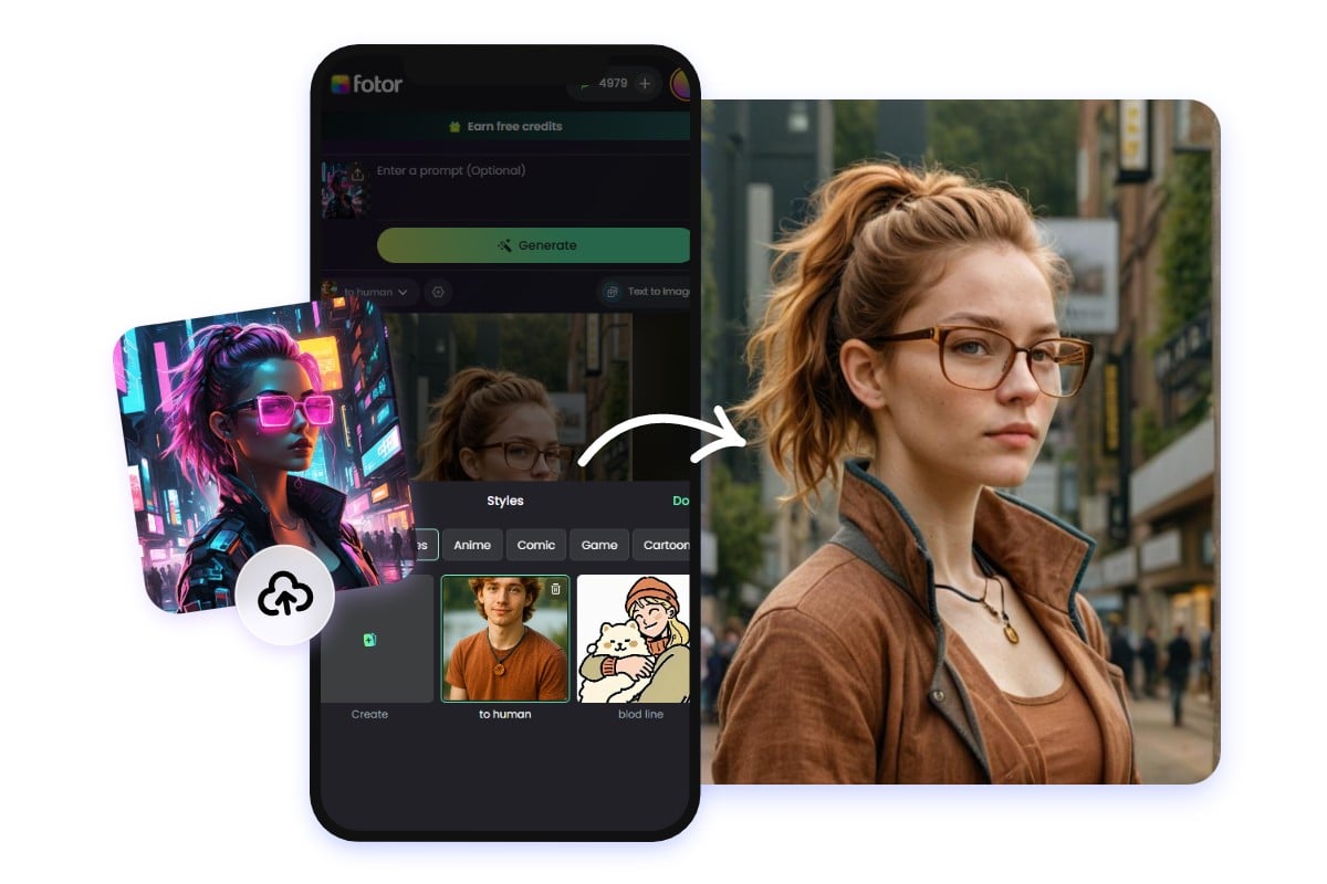 Try cartoon to realistic ai app to change a cyberpunk lady to a real person